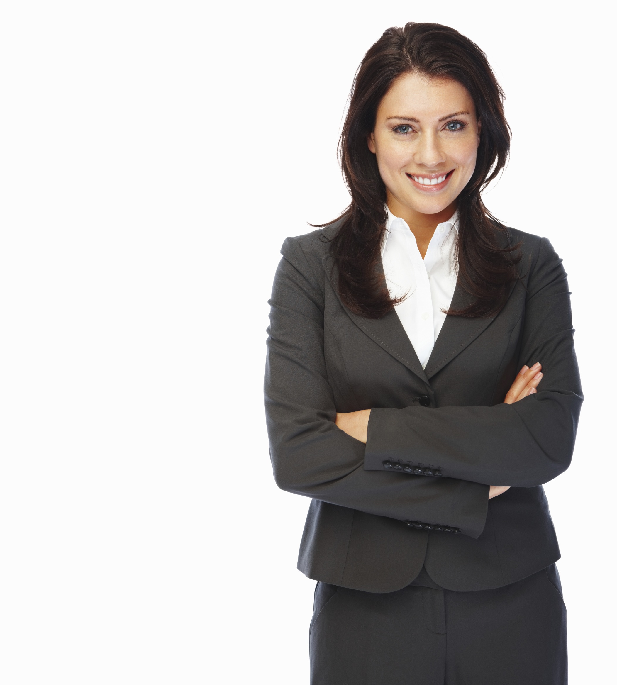 Positive business woman smiling over white background